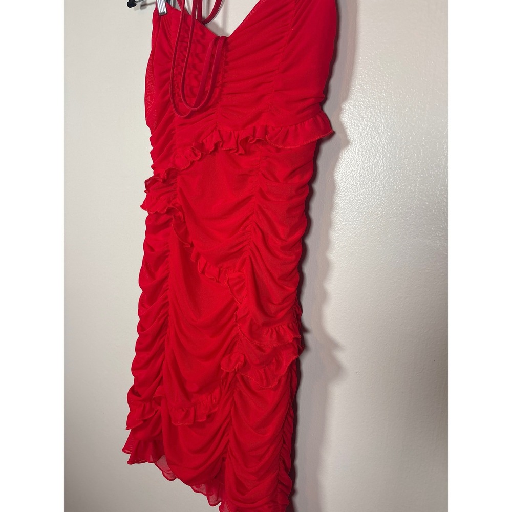 Majorelle Red Ruched Ruffle Mesh Halter Mini Dress Sweetheart Neckline Womens M - Picture 6 of 6